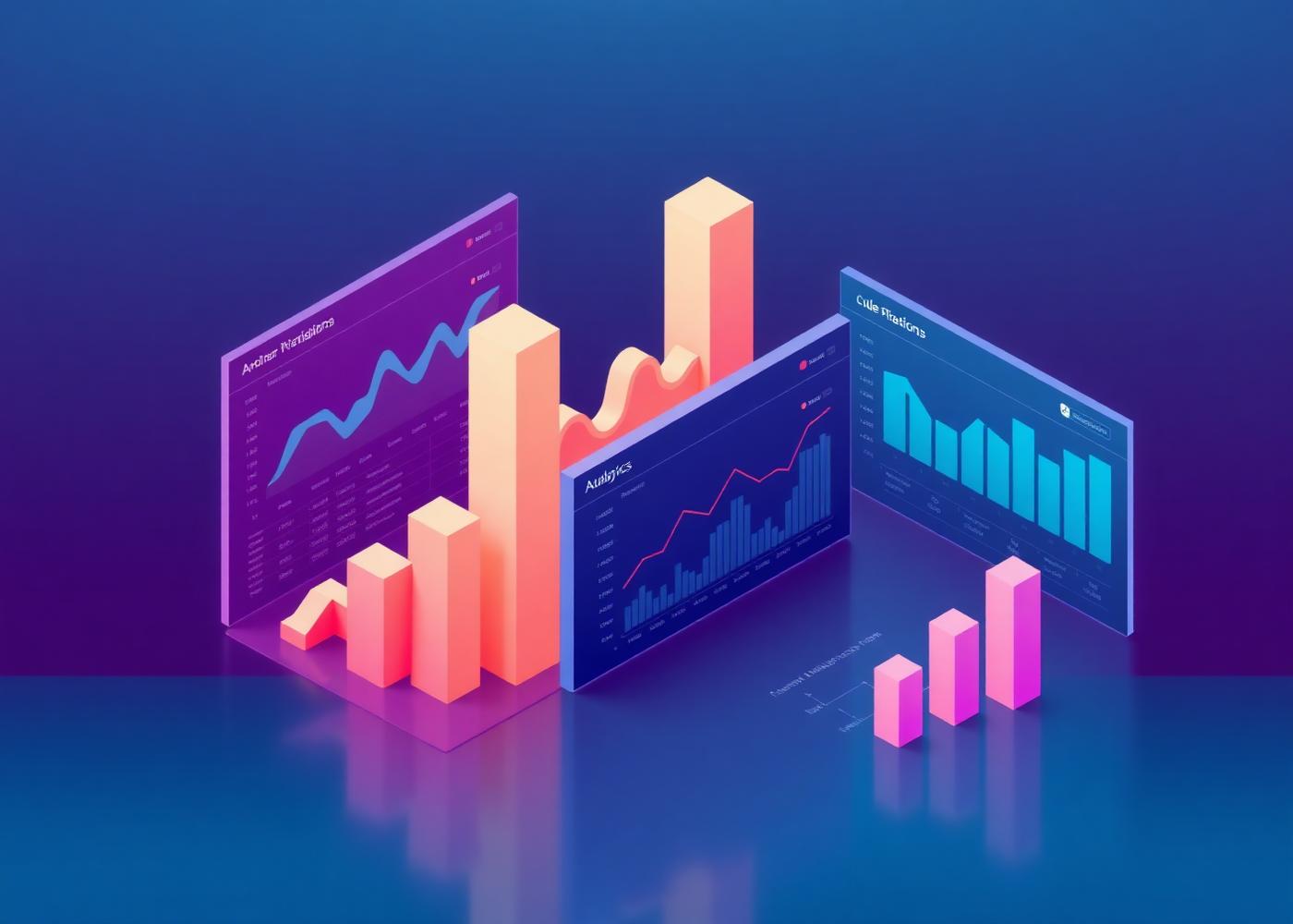 Isometric data visualization with analytics dashboards and bar charts