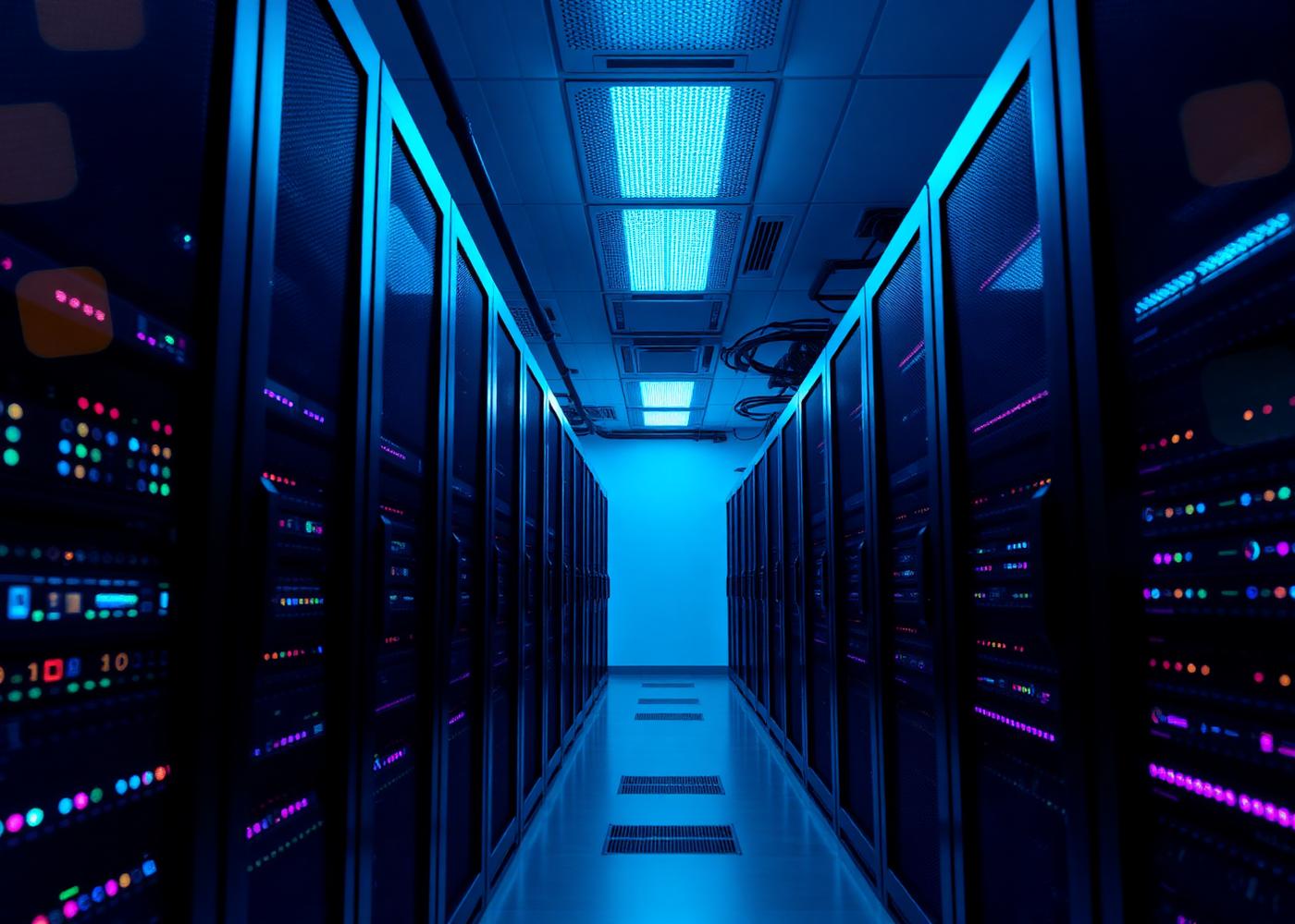 Modern data center corridor with illuminated server racks