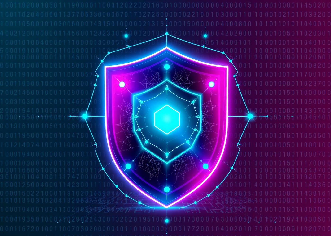 Abstract cybersecurity shield artwork with glowing hexagons over binary data