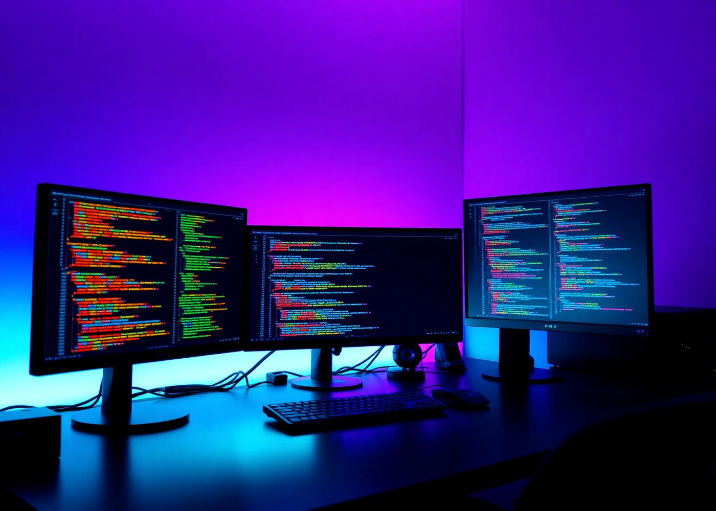 Developer workstation with multiple monitors displaying source code