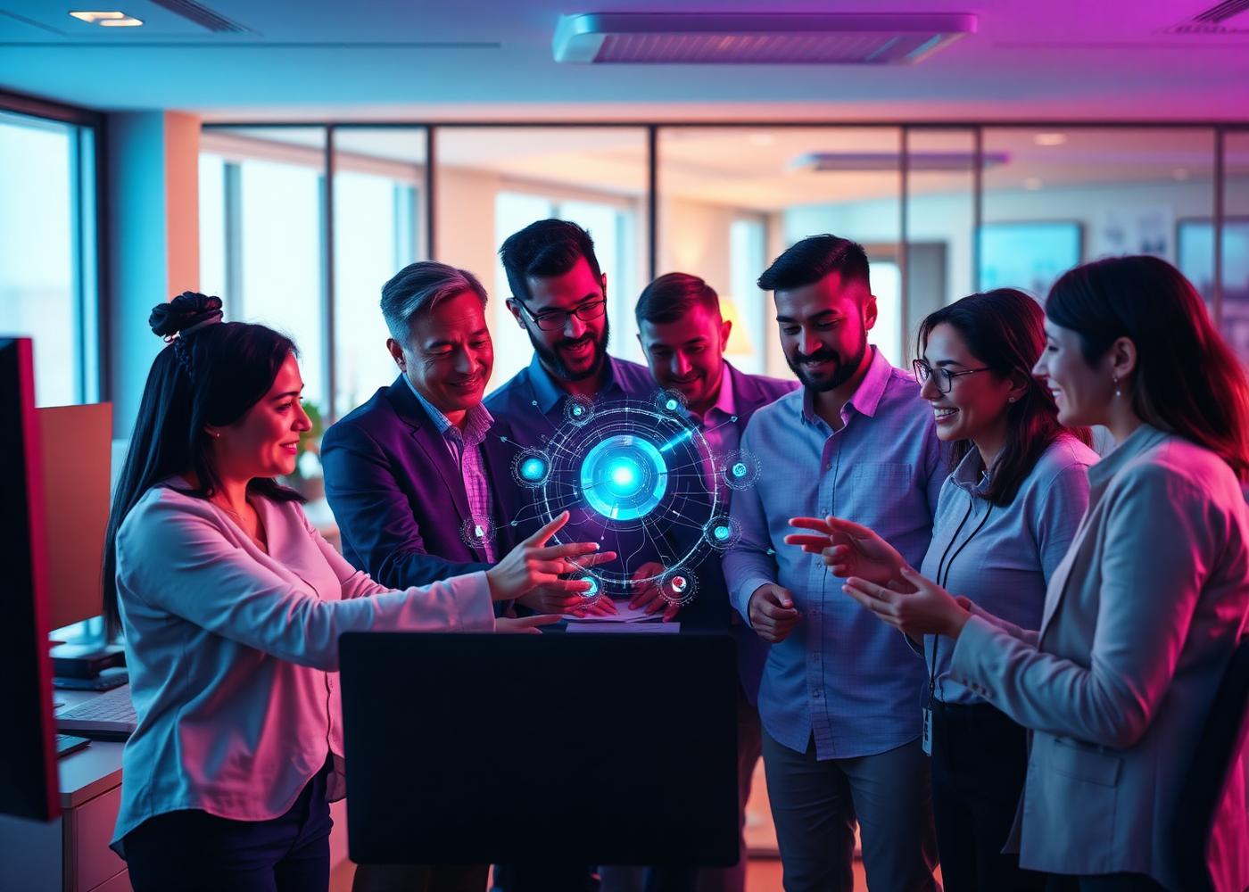 Diverse team of IT professionals collaborating around a holographic interface