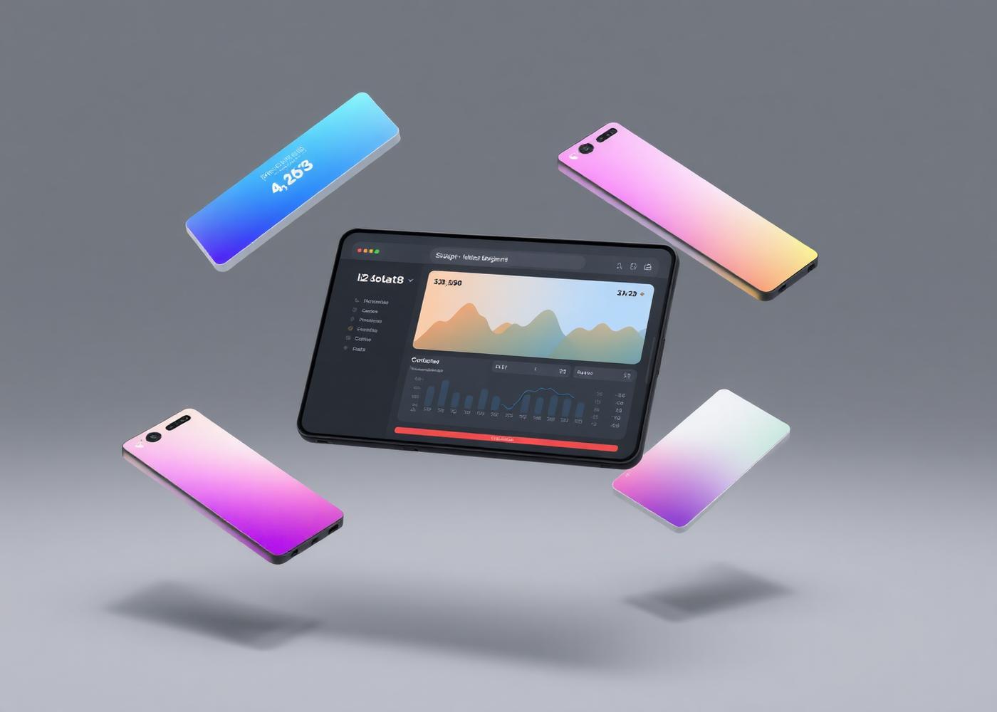 Floating web dashboard and mobile app mockups showcasing modern interface design